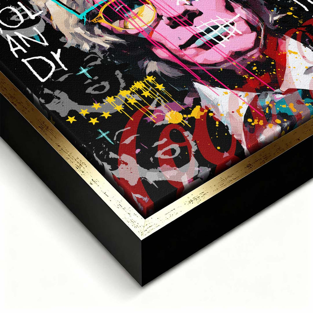 Nowoczesny obraz na płótnie z portretem Andy'ego Warhola w stylu pop-art i street art z napisami graffiti. Wydruk galeryjny, marka Huephant.