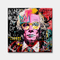 Nowoczesny obraz na płótnie z portretem Andy'ego Warhola w stylu pop-art i street art z napisami graffiti. Wydruk galeryjny, marka Huephant.