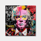 Nowoczesny obraz na płótnie z portretem Andy'ego Warhola w stylu pop-art i street art z napisami graffiti. Wydruk galeryjny, marka Huephant.