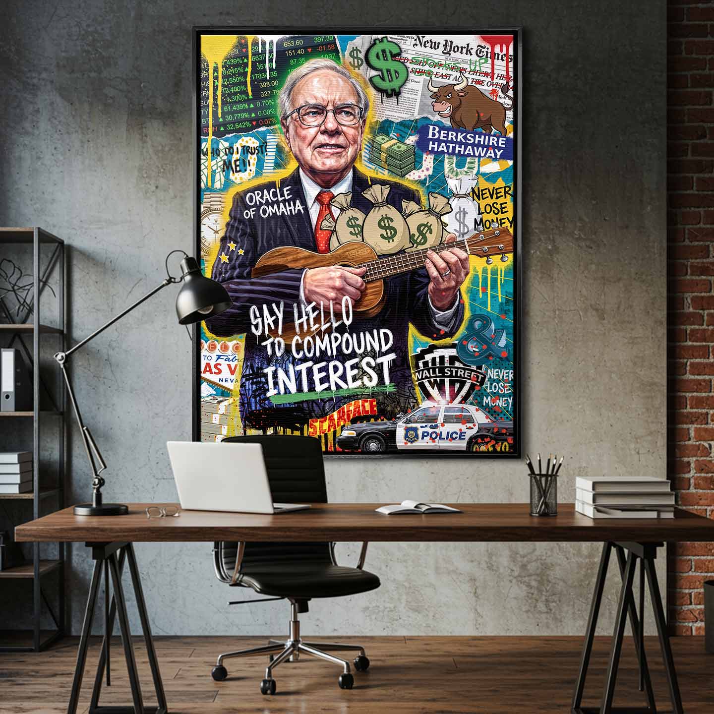 Nowoczesny obraz na płótnie Warren Buffett grający na ukulele, styl pop-art, napisy motywacyjne i dolary. Wydruk galeryjny Huephant dla inwestora i biznesu.