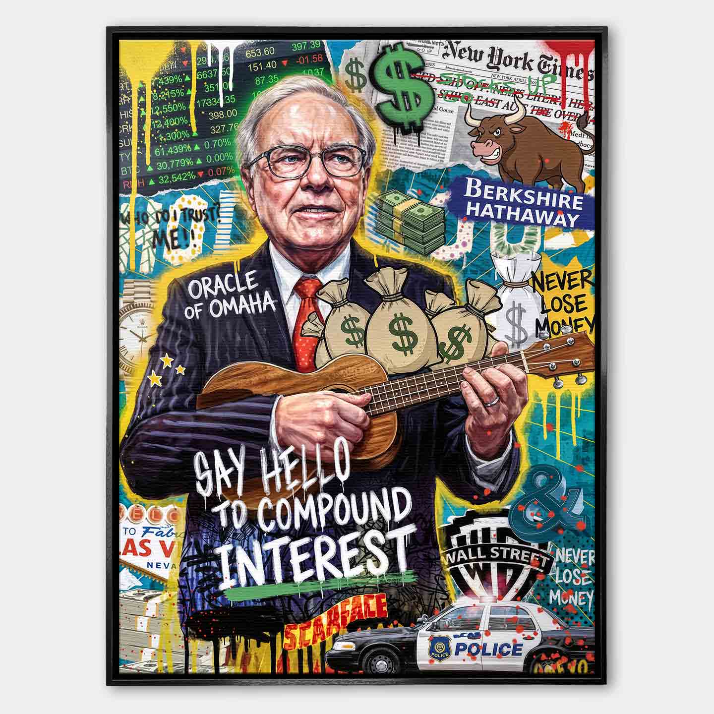 Nowoczesny obraz na płótnie Warren Buffett grający na ukulele, styl pop-art, napisy motywacyjne i dolary. Wydruk galeryjny Huephant dla inwestora i biznesu.