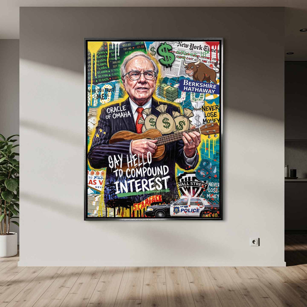 Nowoczesny obraz na płótnie Warren Buffett grający na ukulele, styl pop-art, napisy motywacyjne i dolary. Wydruk galeryjny Huephant dla inwestora i biznesu.