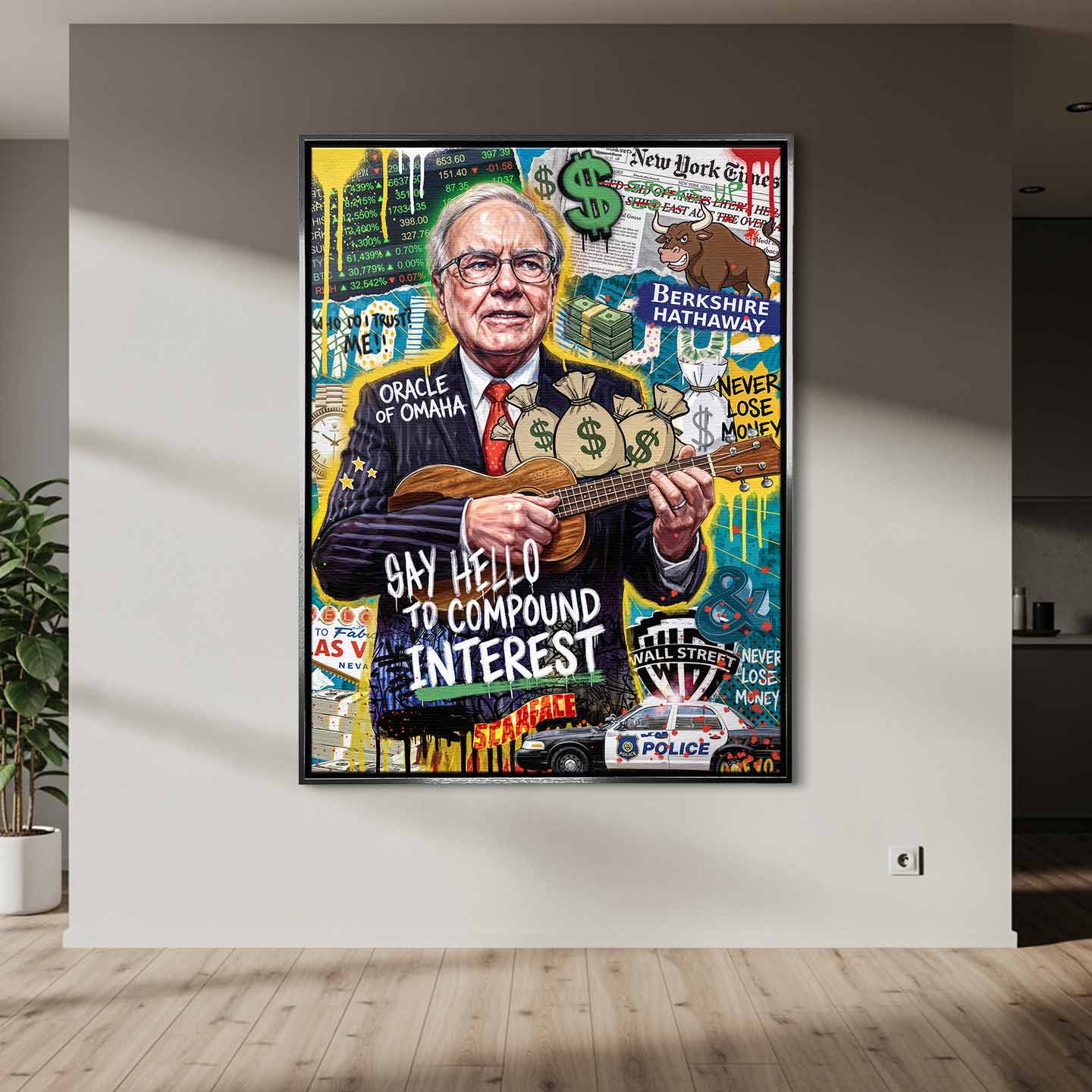 Nowoczesny obraz na płótnie Warren Buffett grający na ukulele, styl pop-art, napisy motywacyjne i dolary. Wydruk galeryjny Huephant dla inwestora i biznesu.