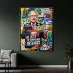 Nowoczesny obraz na płótnie Warren Buffett grający na ukulele, styl pop-art, napisy motywacyjne i dolary. Wydruk galeryjny Huephant dla inwestora i biznesu.