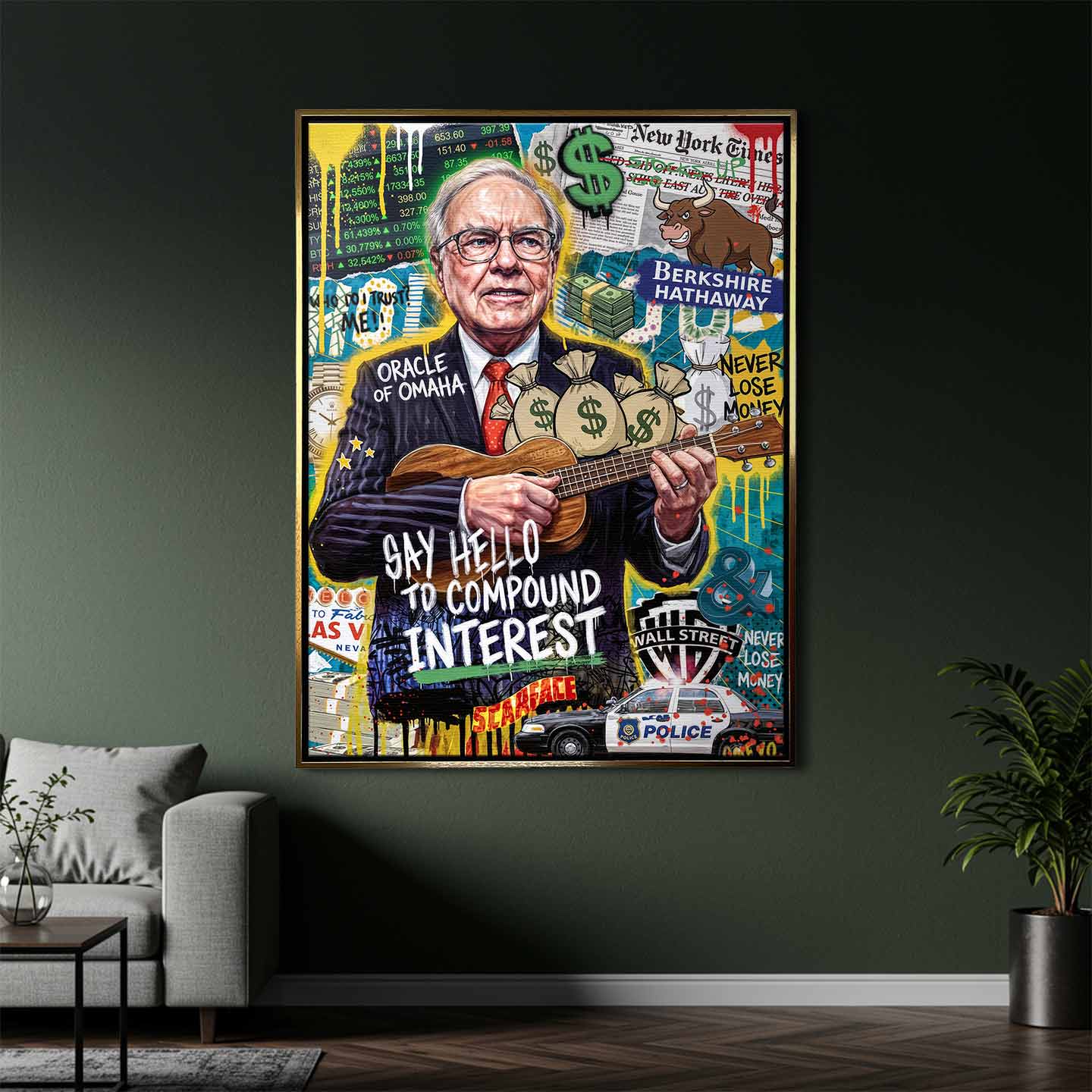 Nowoczesny obraz na płótnie Warren Buffett grający na ukulele, styl pop-art, napisy motywacyjne i dolary. Wydruk galeryjny Huephant dla inwestora i biznesu.