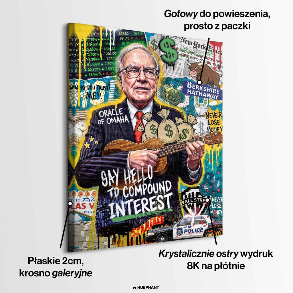 Nowoczesny obraz na płótnie Warren Buffett grający na ukulele, styl pop-art, napisy motywacyjne i dolary. Wydruk galeryjny Huephant dla inwestora i biznesu.
