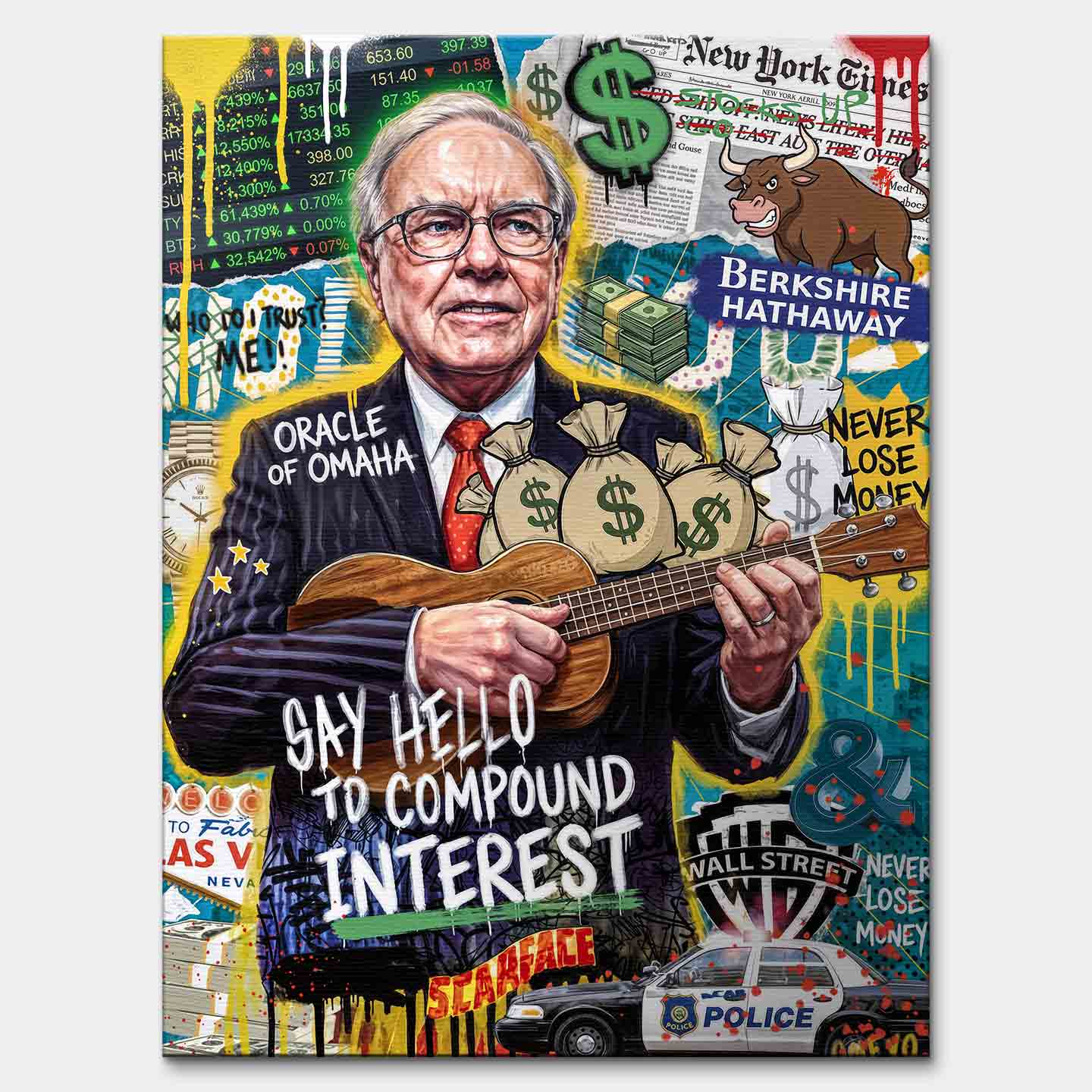 Nowoczesny obraz na płótnie Warren Buffett grający na ukulele, styl pop-art, napisy motywacyjne i dolary. Wydruk galeryjny Huephant dla inwestora i biznesu.