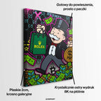 Obraz na płótnie pop art przedstawiający postać z luksusową torbą, gotówką i motywami bogactwa. Wydruk galeryjny, sztuka nowoczesna.