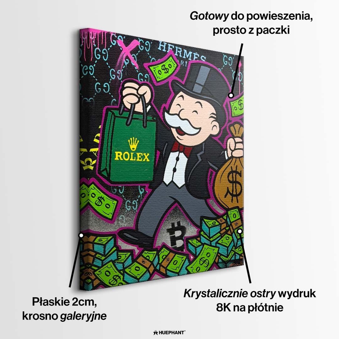 Obraz na płótnie pop art przedstawiający postać z luksusową torbą, gotówką i motywami bogactwa. Wydruk galeryjny, sztuka nowoczesna.