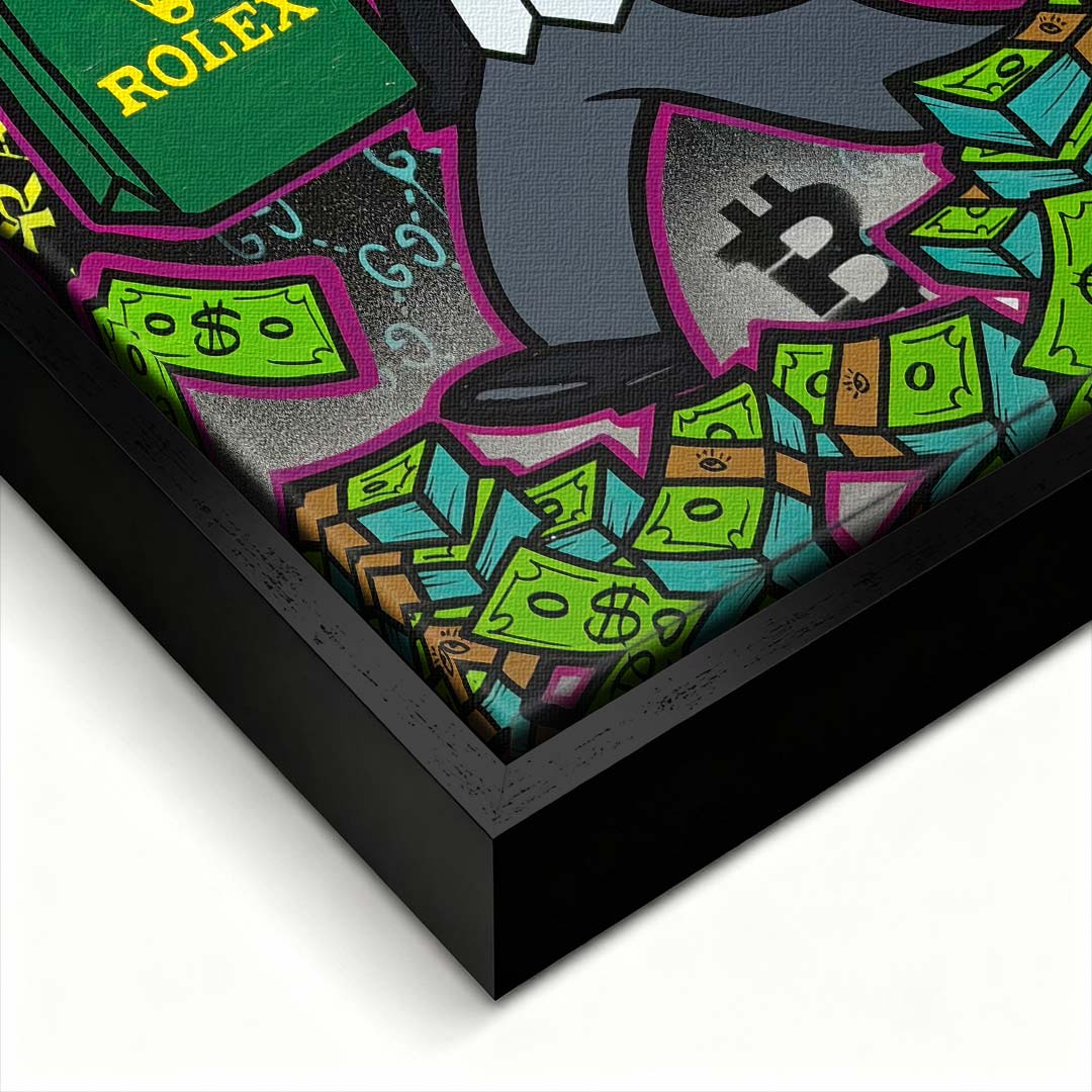 Obraz na płótnie pop art przedstawiający postać z luksusową torbą, gotówką i motywami bogactwa. Wydruk galeryjny, sztuka nowoczesna.