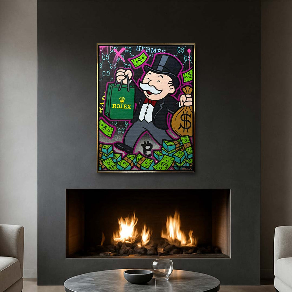 Obraz na płótnie pop art przedstawiający postać z luksusową torbą, gotówką i motywami bogactwa. Wydruk galeryjny, sztuka nowoczesna.
