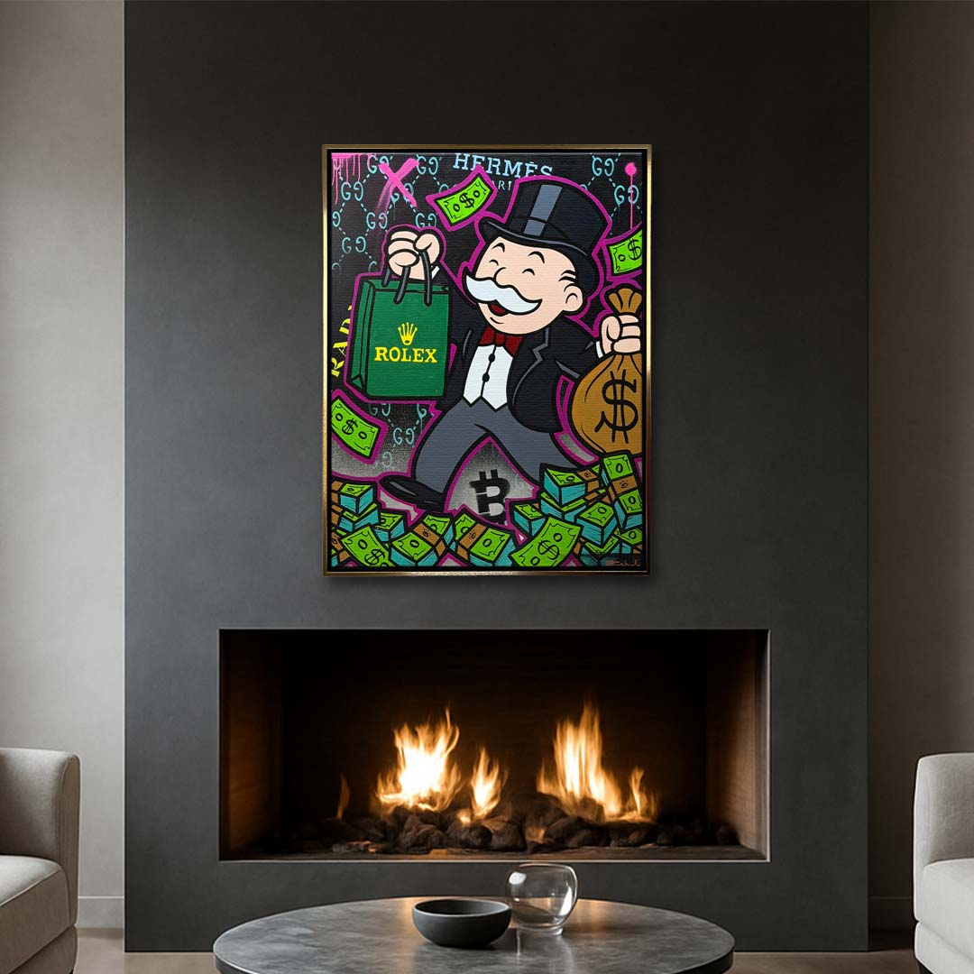 Obraz na płótnie pop art przedstawiający postać z luksusową torbą, gotówką i motywami bogactwa. Wydruk galeryjny, sztuka nowoczesna.