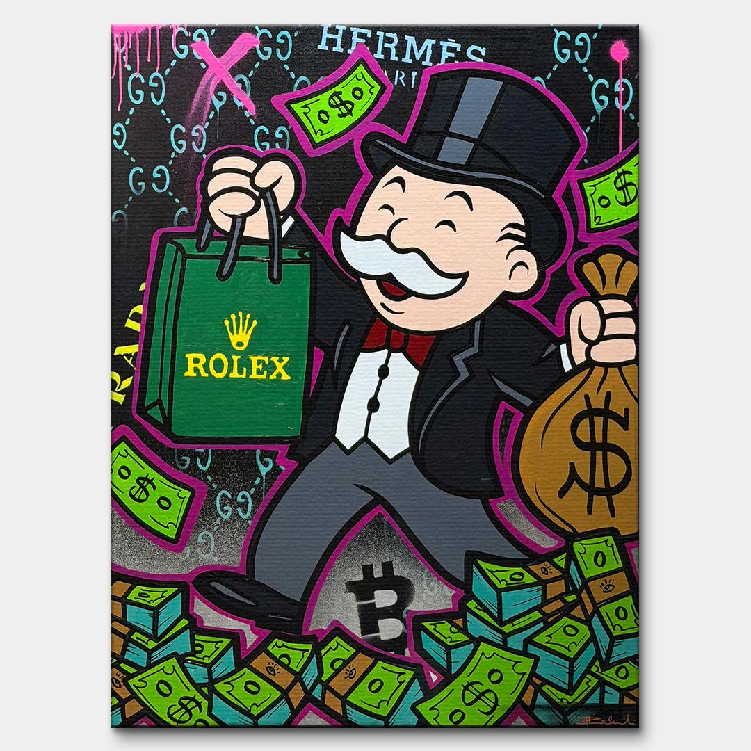 Obraz na płótnie pop art przedstawiający postać z luksusową torbą, gotówką i motywami bogactwa. Wydruk galeryjny, sztuka nowoczesna.