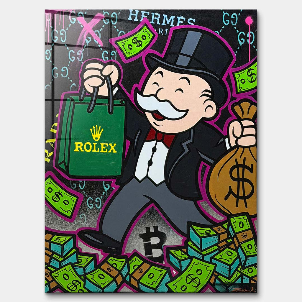 Obraz na szkle akrylowym pop art przedstawiający postać z luksusową torbą, gotówką i motywami bogactwa. Wydruk galeryjny, sztuka nowoczesna.