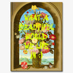 Obraz na płótnie z klasycznym bukietem kwiatów i neonowym napisem „What a beautiful world we live in :)” w stylu graffiti