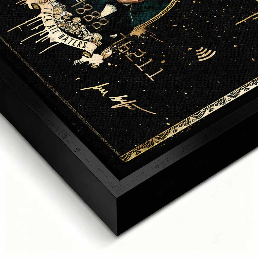 obraz na płótnie wilk z wall street black and gold american express. inspirowany Wilkiem z Wall Street, luksusowa karta kredytowa w czarno-złotym stylu, toast sukcesu, symbol pieniędzy, ambicji i mentalności hustlera.