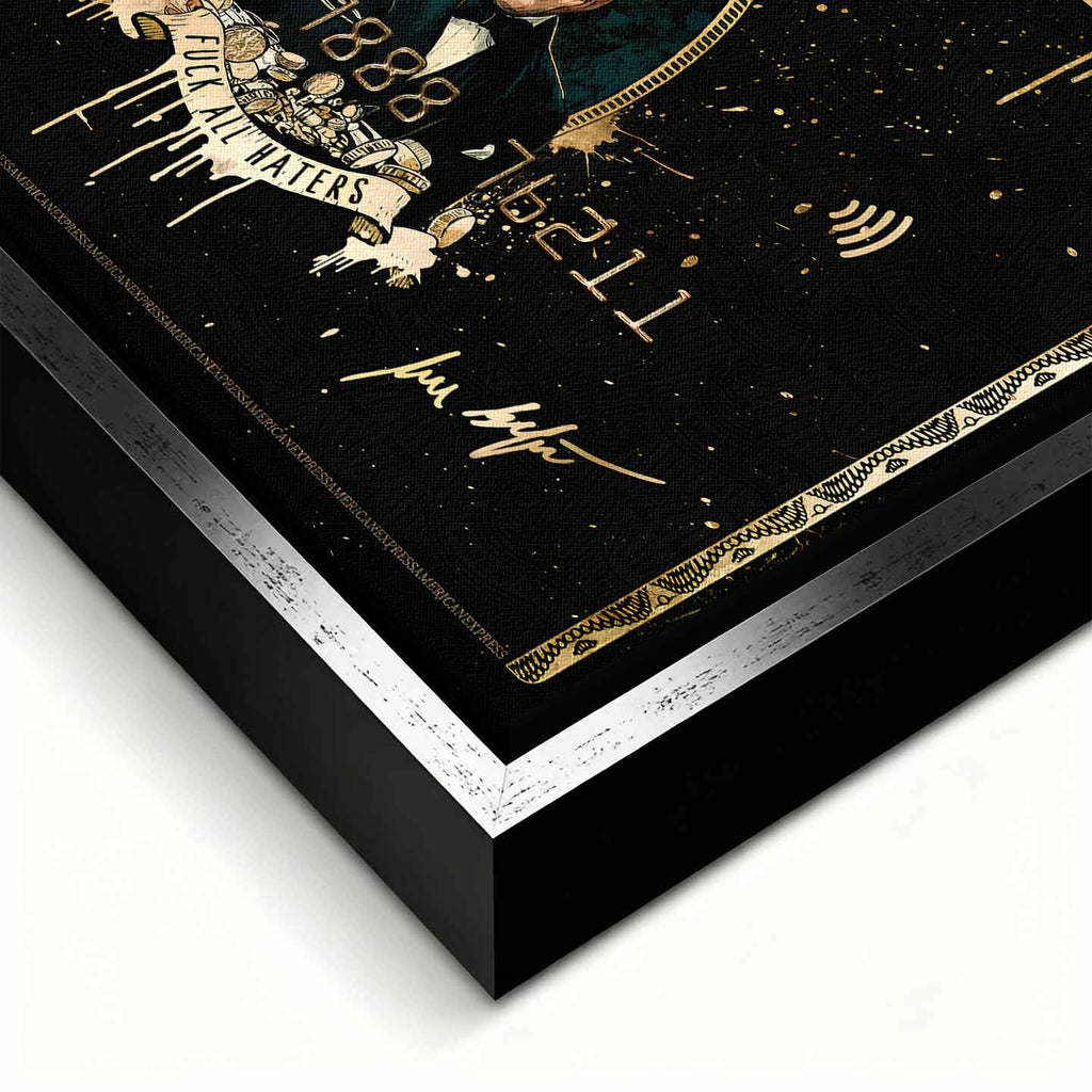 obraz na płótnie wilk z wall street black and gold american express. inspirowany Wilkiem z Wall Street, luksusowa karta kredytowa w czarno-złotym stylu, toast sukcesu, symbol pieniędzy, ambicji i mentalności hustlera.