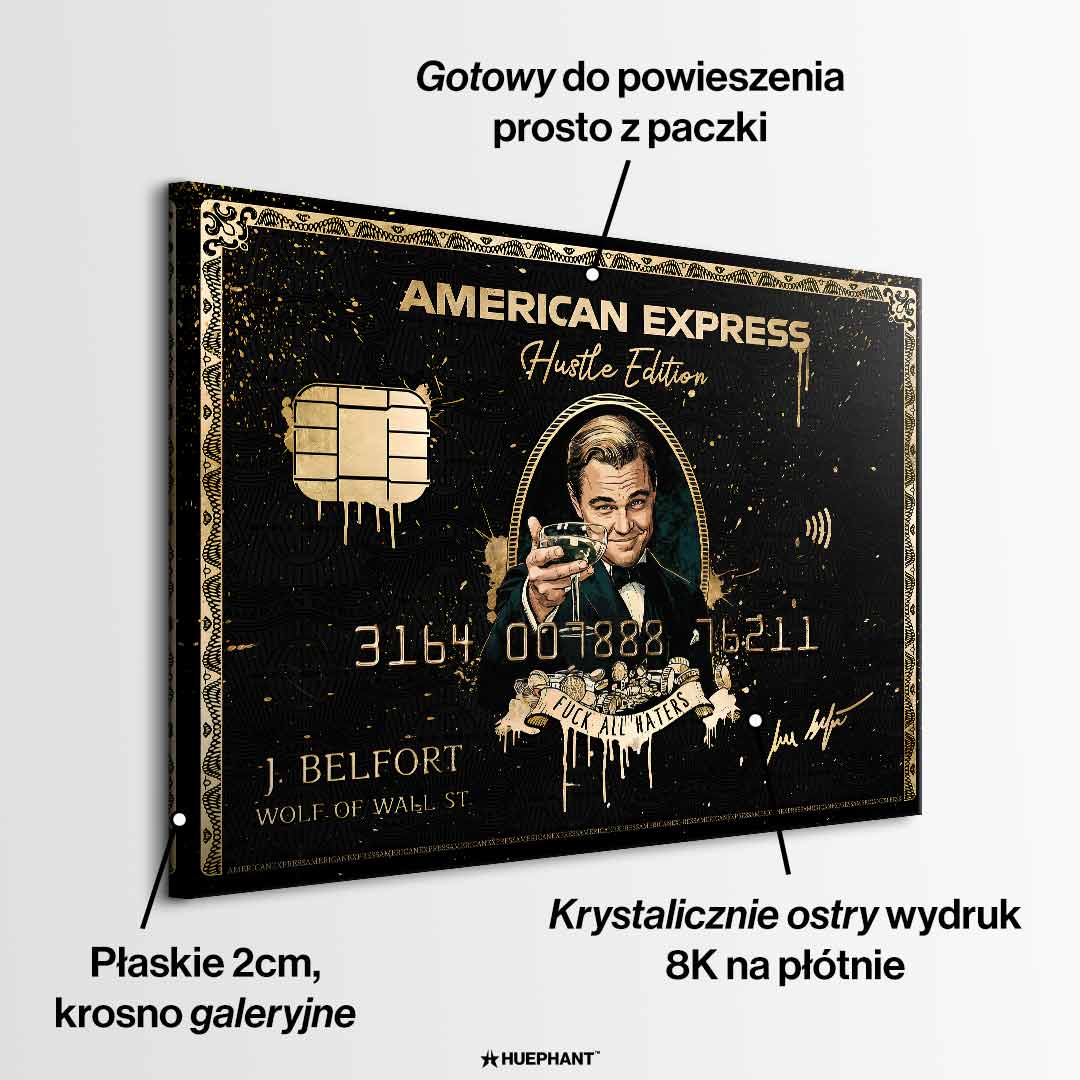 obraz na płótnie wilk z wall street black and gold american express. inspirowany Wilkiem z Wall Street, luksusowa karta kredytowa w czarno-złotym stylu, toast sukcesu, symbol pieniędzy, ambicji i mentalności hustlera.