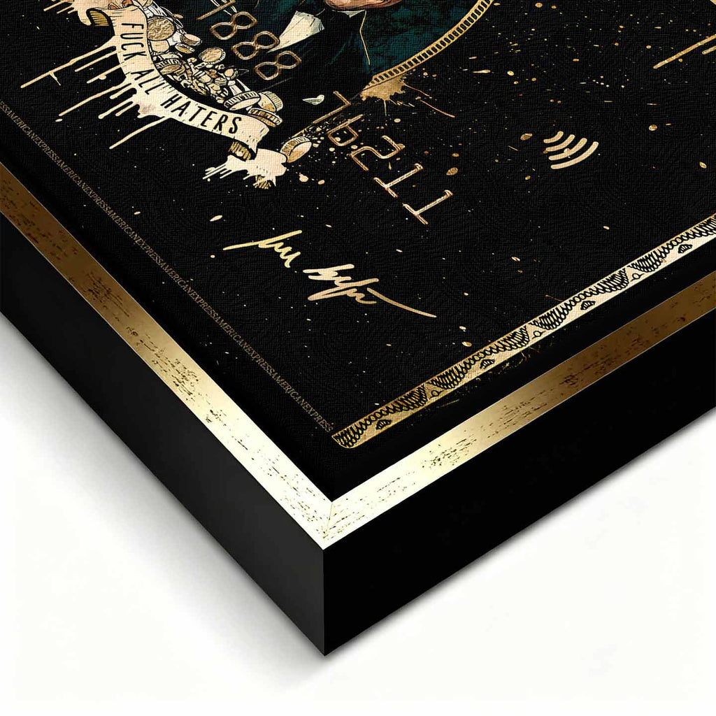 obraz na płótnie wilk z wall street black and gold american express. inspirowany Wilkiem z Wall Street, luksusowa karta kredytowa w czarno-złotym stylu, toast sukcesu, symbol pieniędzy, ambicji i mentalności hustlera.