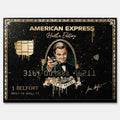 obraz na płótnie wilk z wall street black and gold american express. inspirowany Wilkiem z Wall Street, luksusowa karta kredytowa w czarno-złotym stylu, toast sukcesu, symbol pieniędzy, ambicji i mentalności hustlera.