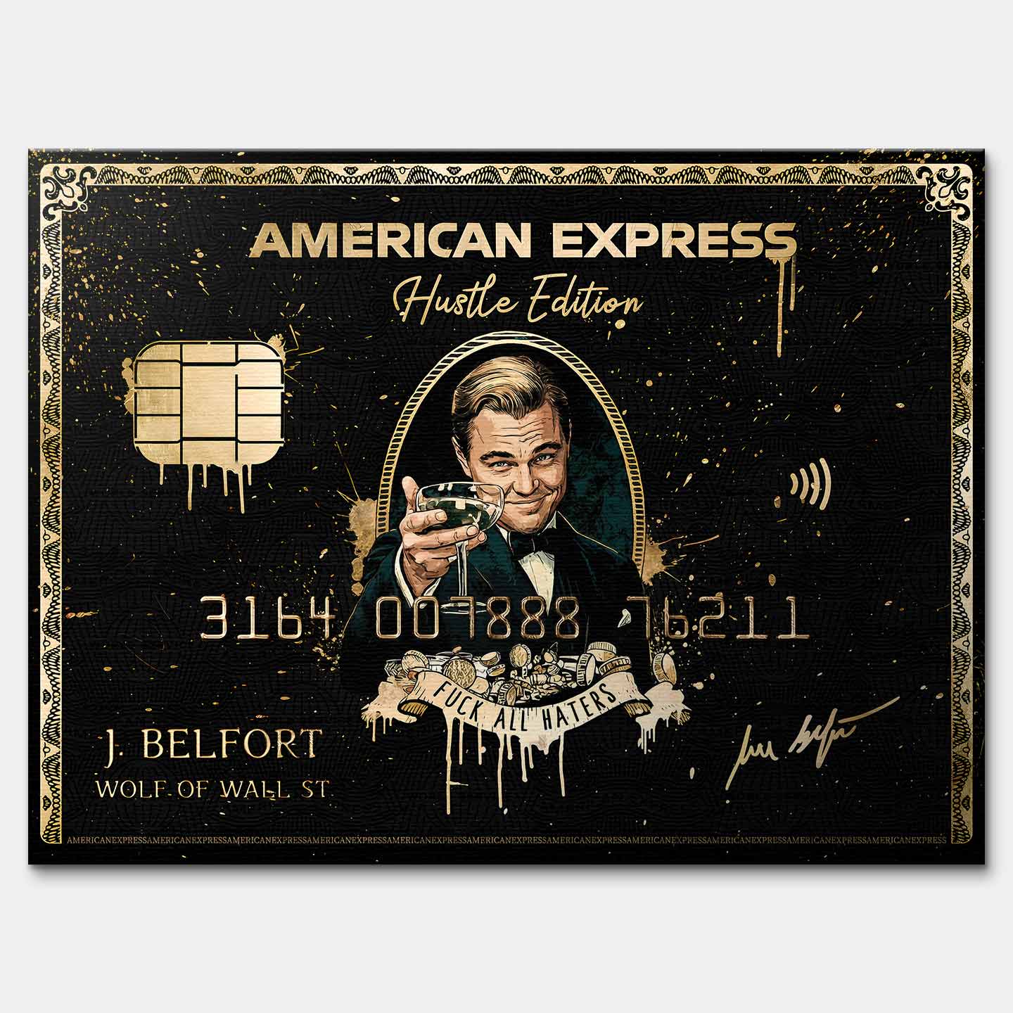 obraz na płótnie wilk z wall street black and gold american express. inspirowany Wilkiem z Wall Street, luksusowa karta kredytowa w czarno-złotym stylu, toast sukcesu, symbol pieniędzy, ambicji i mentalności hustlera.