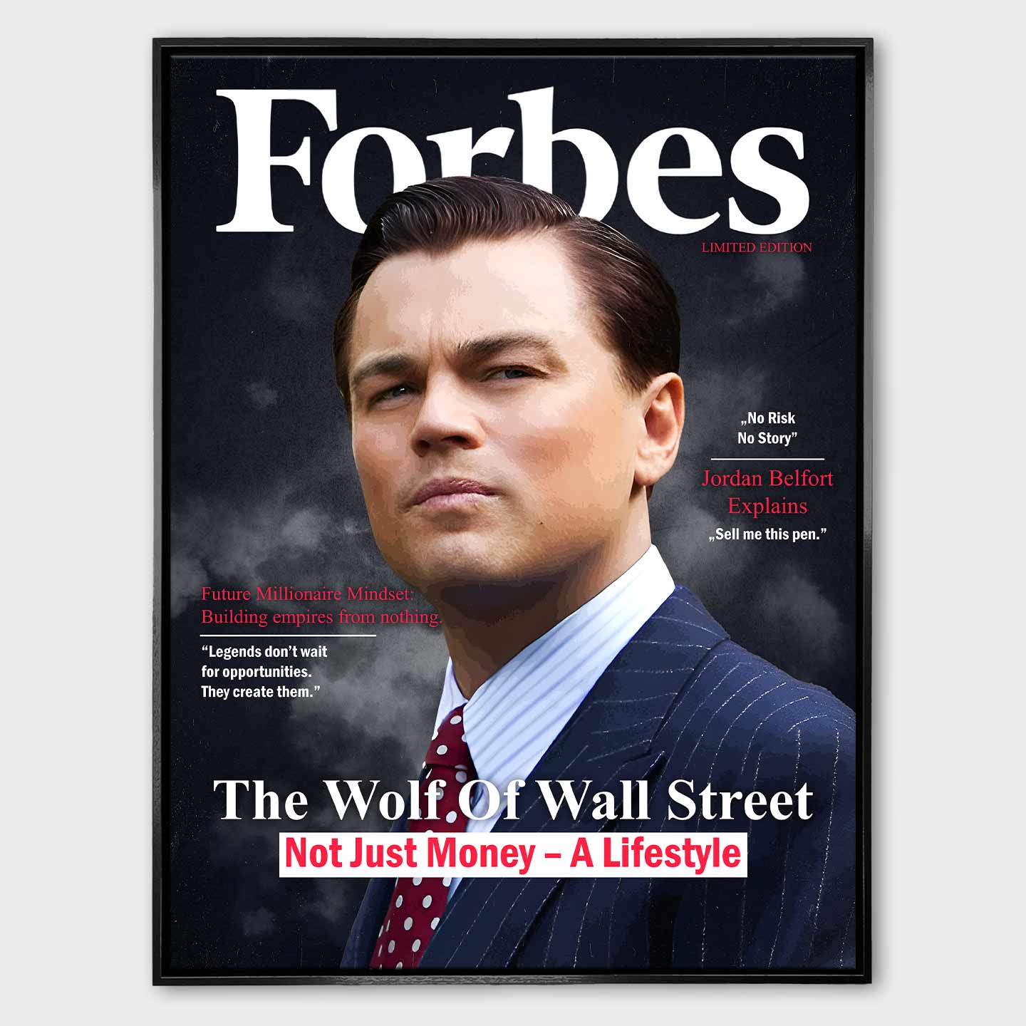 Obraz z Wilkiem z Wall street na płótnie „Wolf Cover” - Wilk z Wall Street na okładce inspirowanej Forbes, symbol luksusu, ambicji i stylu życia pełnego sukcesu.