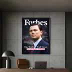 Obraz z Wilkiem z Wall street na płótnie „Wolf Cover” - Wilk z Wall Street na okładce inspirowanej Forbes, symbol luksusu, ambicji i stylu życia pełnego sukcesu.