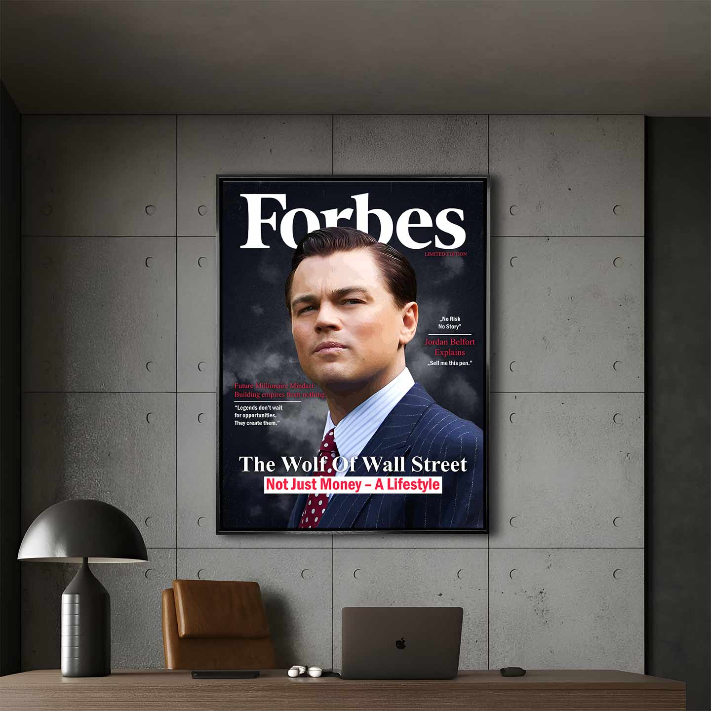 Obraz z Wilkiem z Wall street na płótnie „Wolf Cover” - Wilk z Wall Street na okładce inspirowanej Forbes, symbol luksusu, ambicji i stylu życia pełnego sukcesu.