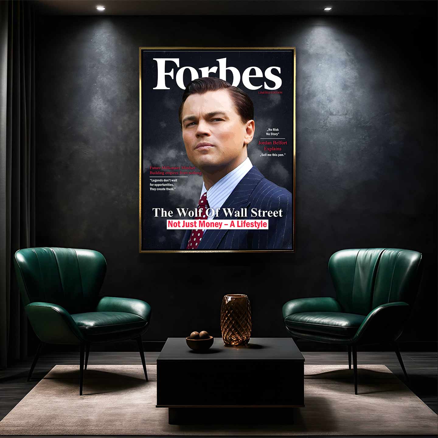 Obraz z Wilkiem z Wall street na płótnie „Wolf Cover” - Wilk z Wall Street na okładce inspirowanej Forbes, symbol luksusu, ambicji i stylu życia pełnego sukcesu.