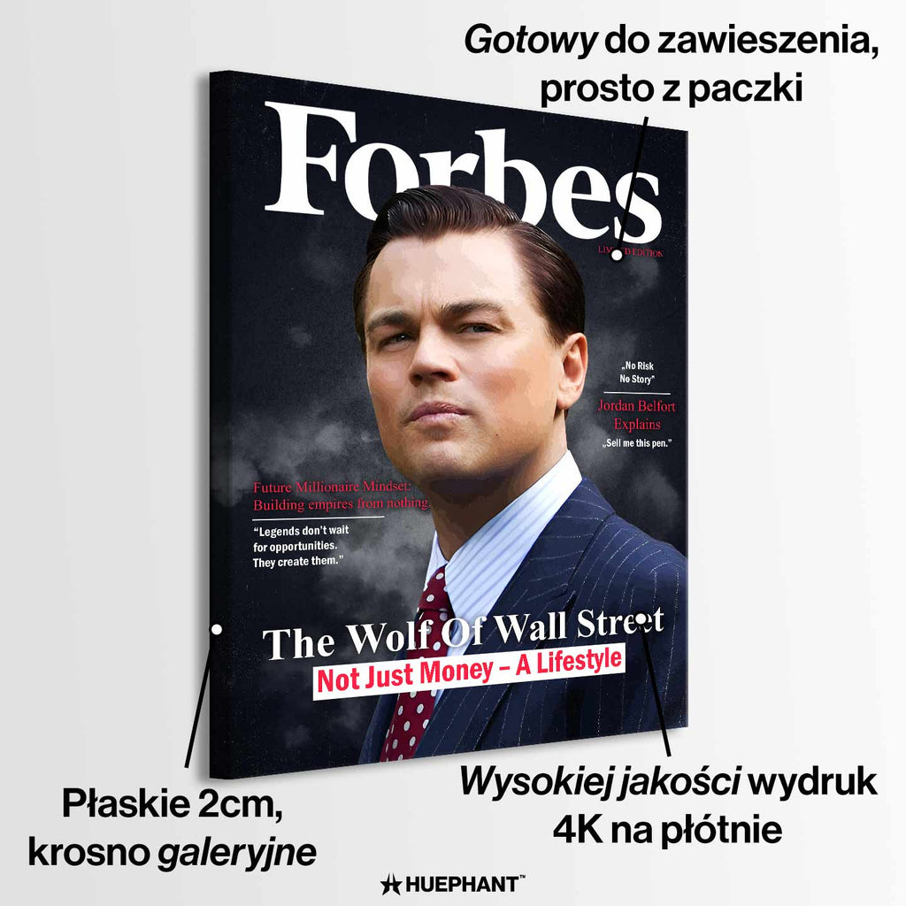 Obraz z Wilkiem z Wall street na płótnie „Wolf Cover” - Wilk z Wall Street na okładce inspirowanej Forbes, symbol luksusu, ambicji i stylu życia pełnego sukcesu.