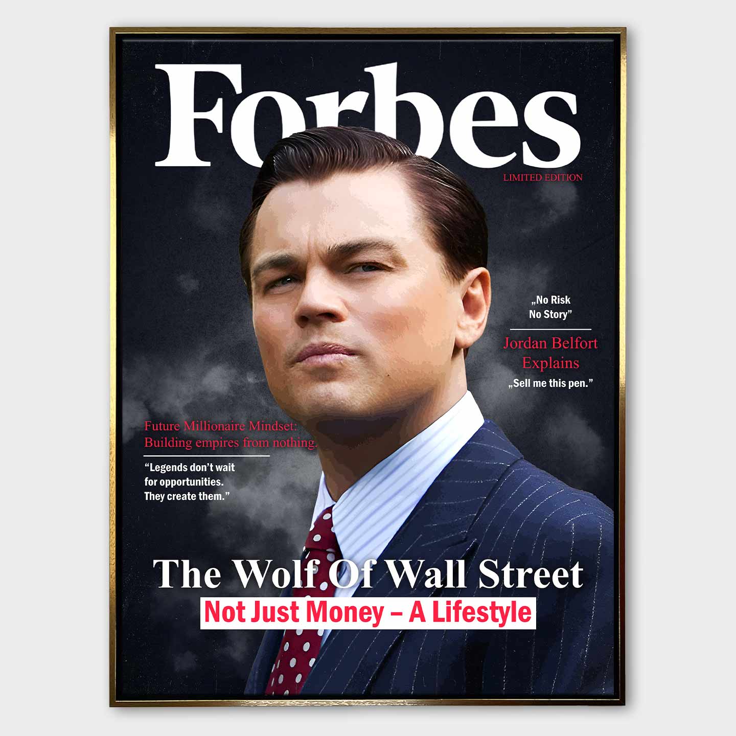 Obraz z Wilkiem z Wall street na płótnie „Wolf Cover” - Wilk z Wall Street na okładce inspirowanej Forbes, symbol luksusu, ambicji i stylu życia pełnego sukcesu.