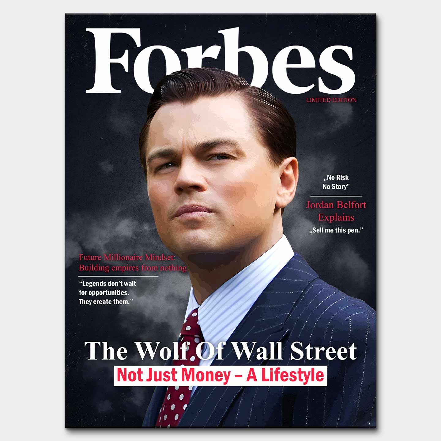 Obraz z Wilkiem z Wall street na płótnie „Wolf Cover” - Wilk z Wall Street na okładce inspirowanej Forbes, symbol luksusu, ambicji i stylu życia pełnego sukcesu.