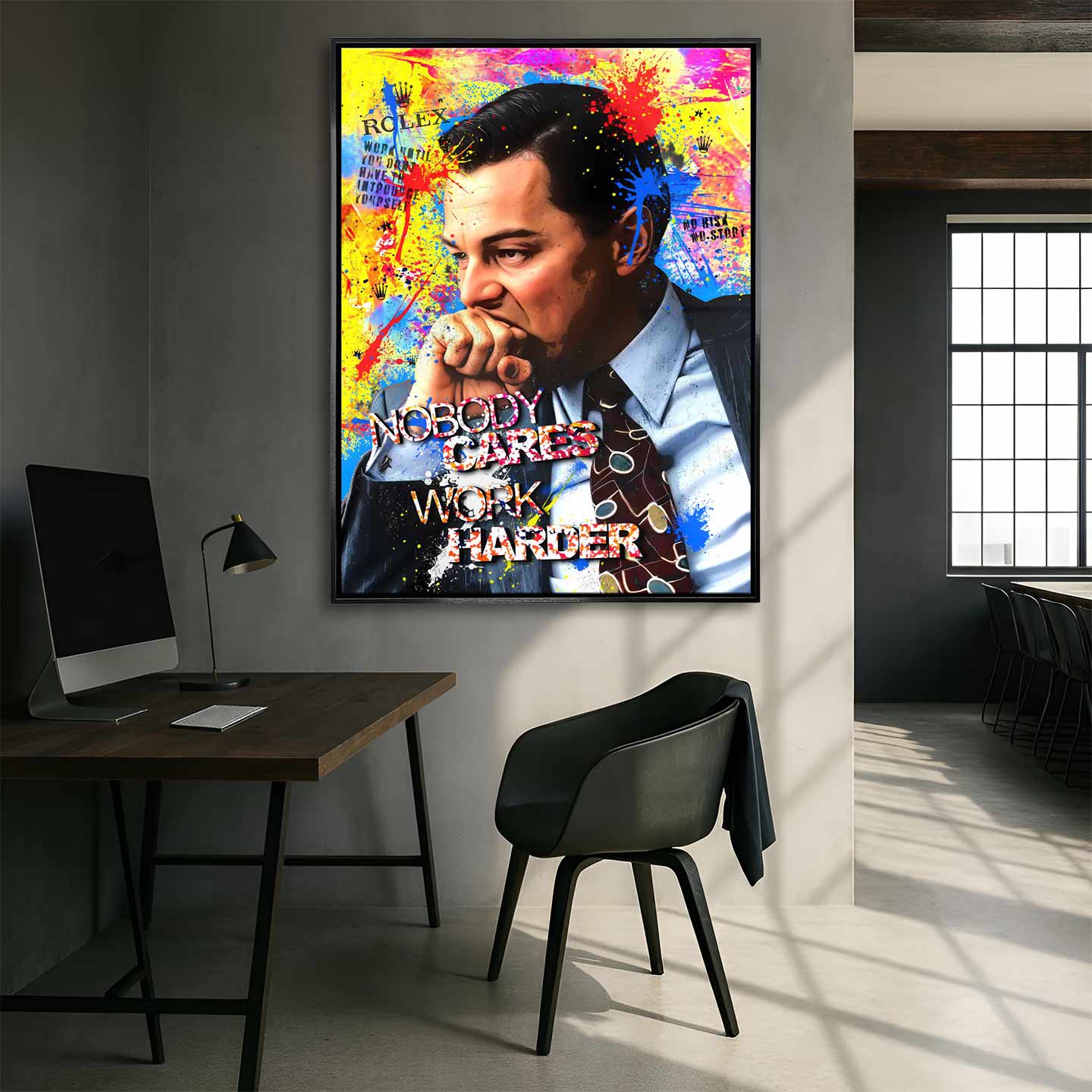 Obraz na płótnie Wilk z Wall Street Nobody Cares Work Harder w stylu pop-art, w dynamicznych kolorach, symbolizujący motywację i determinację.