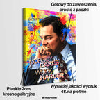 Obraz na płótnie Wilk z Wall Street Nobody Cares Work Harder w stylu pop-art, w dynamicznych kolorach, symbolizujący motywację i determinację.