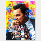 Obraz na płótnie Wilk z Wall Street Nobody Cares Work Harder w stylu pop-art, w dynamicznych kolorach, symbolizujący motywację i determinację.