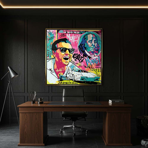 Obraz na płótnie „Wolf Mode On” przedstawiający Jordana Belforta (Wilka z Wall Street) w stylu pop art z motywami pieniędzy, Lamborghini i graffiti.