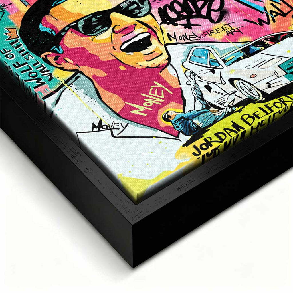Obraz na płótnie „Wolf Mode On” przedstawiający Jordana Belforta (Wilka z Wall Street) w stylu pop art z motywami pieniędzy, Lamborghini i graffiti.