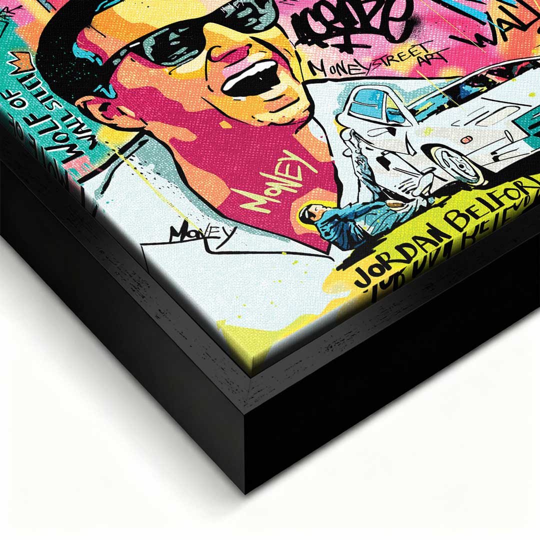 Obraz na płótnie „Wolf Mode On” przedstawiający Jordana Belforta (Wilka z Wall Street) w stylu pop art z motywami pieniędzy, Lamborghini i graffiti.