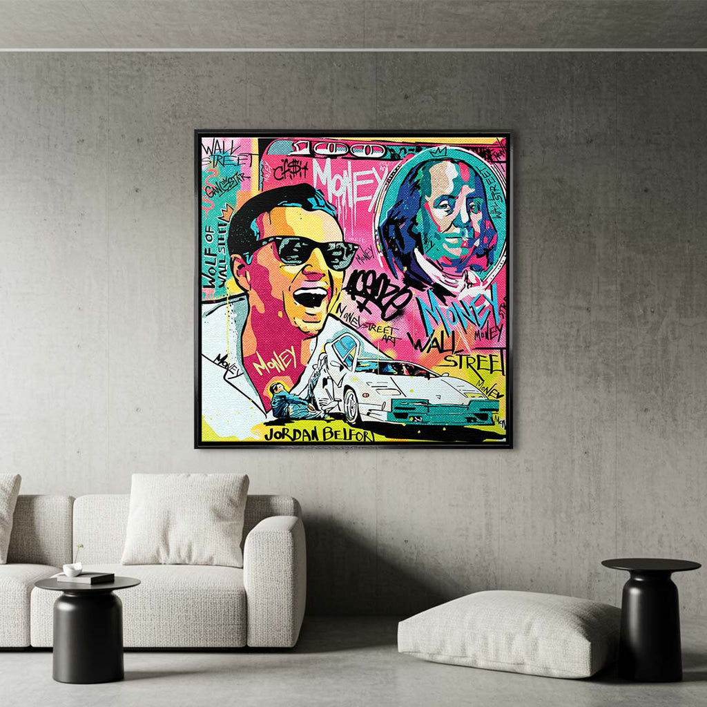 Obraz na płótnie „Wolf Mode On” przedstawiający Jordana Belforta (Wilka z Wall Street) w stylu pop art z motywami pieniędzy, Lamborghini i graffiti.