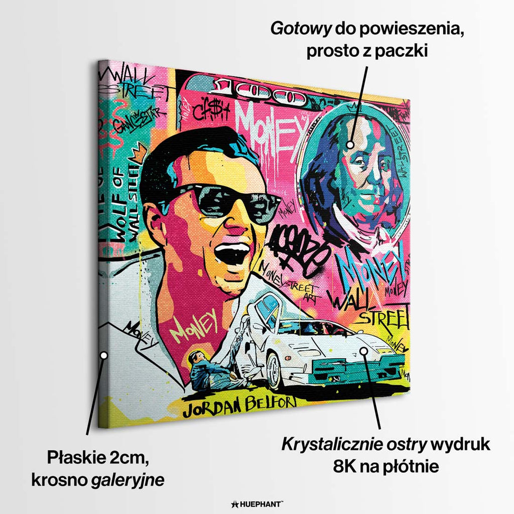 Obraz na płótnie „Wolf Mode On” przedstawiający Jordana Belforta (Wilka z Wall Street) w stylu pop art z motywami pieniędzy, Lamborghini i graffiti.