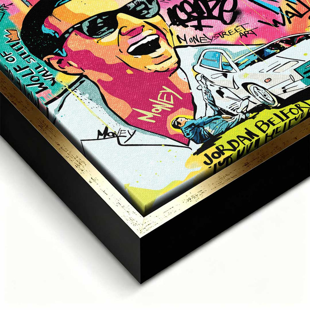 Obraz na płótnie „Wolf Mode On” przedstawiający Jordana Belforta (Wilka z Wall Street) w stylu pop art z motywami pieniędzy, Lamborghini i graffiti.