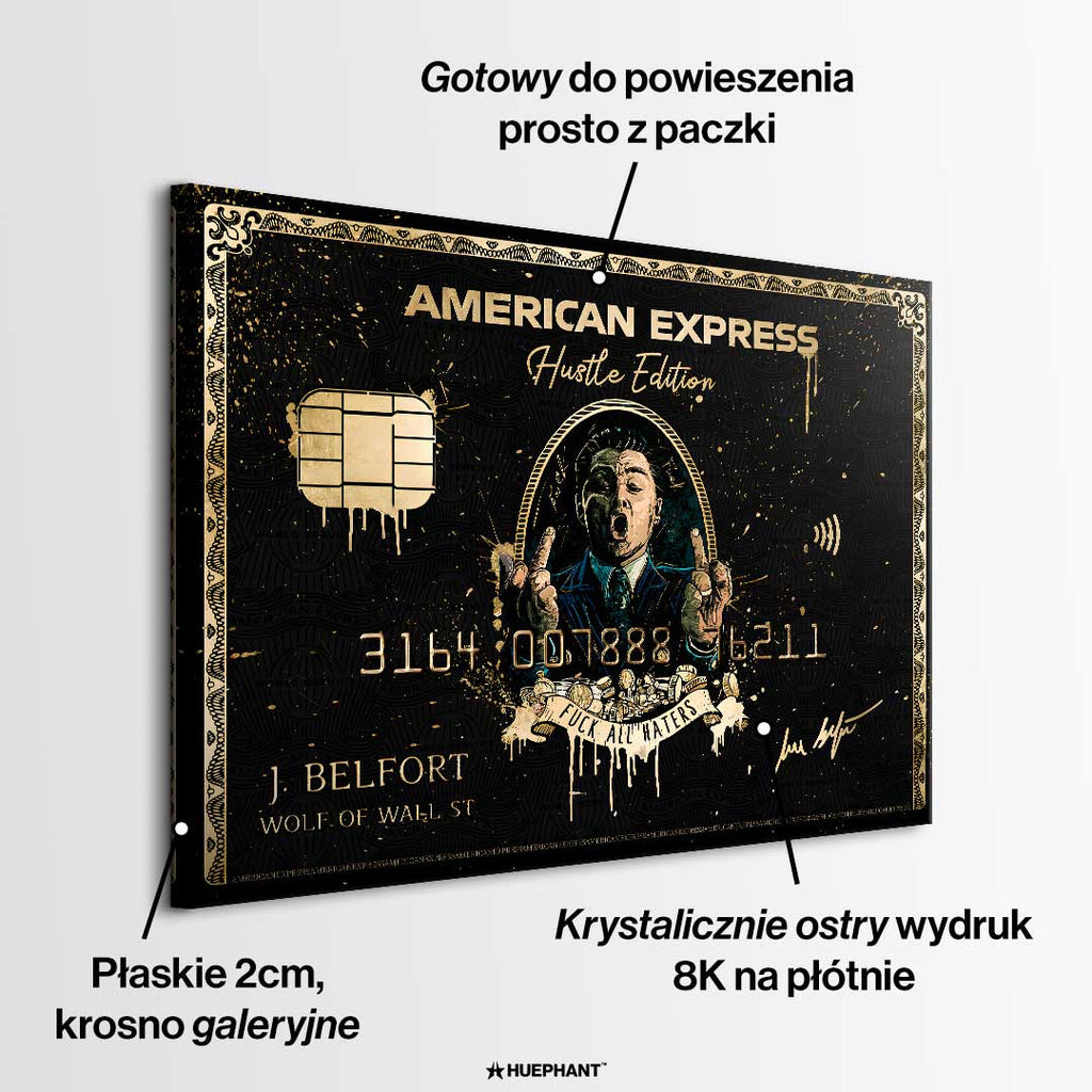 Obraz na płótnie Wilk z wall street przedstawiający czarno-złotą kartę kredytową z wizerunkiem Jordana Belforta, inspirowany stylem „Wolf of Wall Street”, w limitowanej edycji.