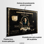 Obraz na płótnie Wilk z wall street przedstawiający czarno-złotą kartę kredytową z wizerunkiem Jordana Belforta, inspirowany stylem „Wolf of Wall Street”, w limitowanej edycji.