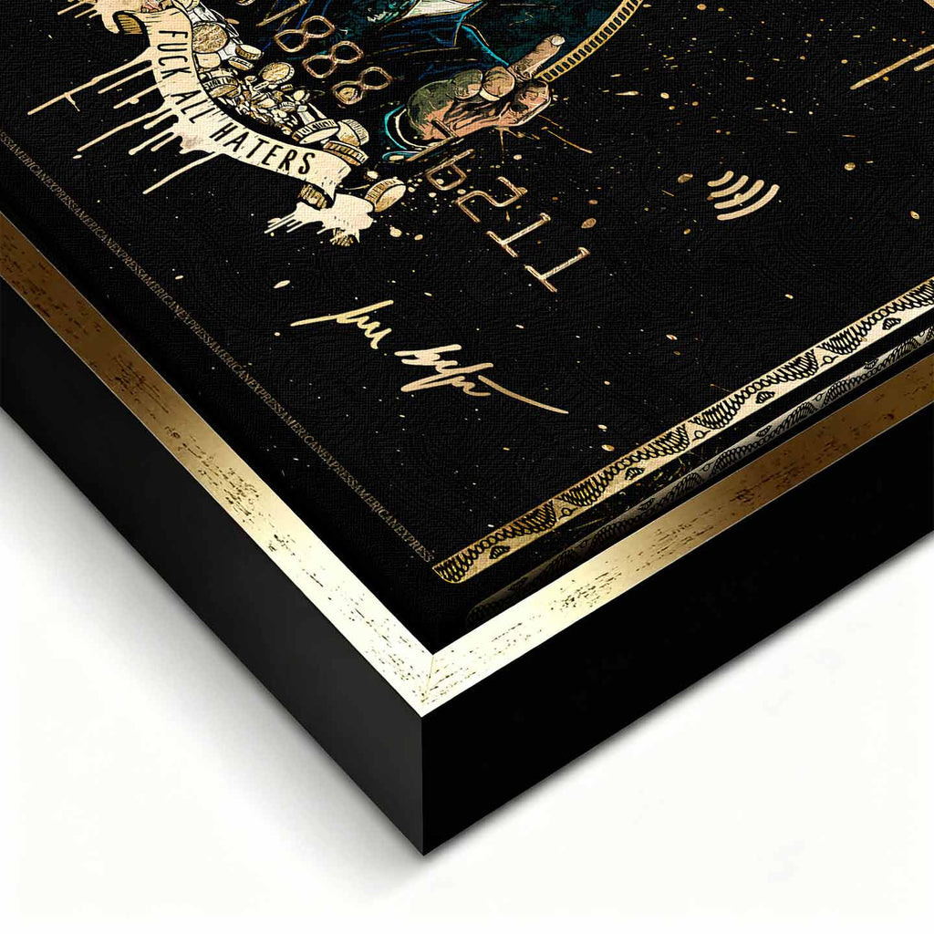 Obraz na płótnie Wilk z wall street przedstawiający czarno-złotą kartę kredytową z wizerunkiem Jordana Belforta, inspirowany stylem „Wolf of Wall Street”, w limitowanej edycji.