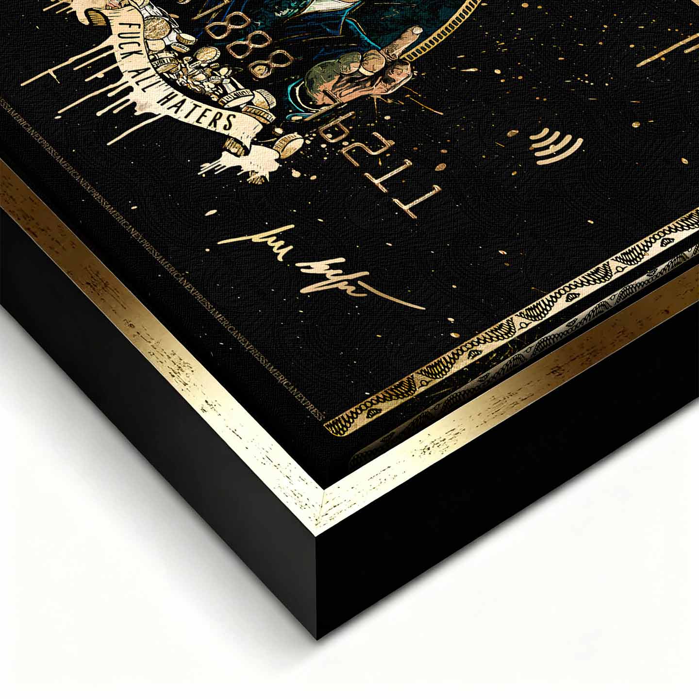 Obraz na płótnie Wilk z wall street przedstawiający czarno-złotą kartę kredytową z wizerunkiem Jordana Belforta, inspirowany stylem „Wolf of Wall Street”, w limitowanej edycji.