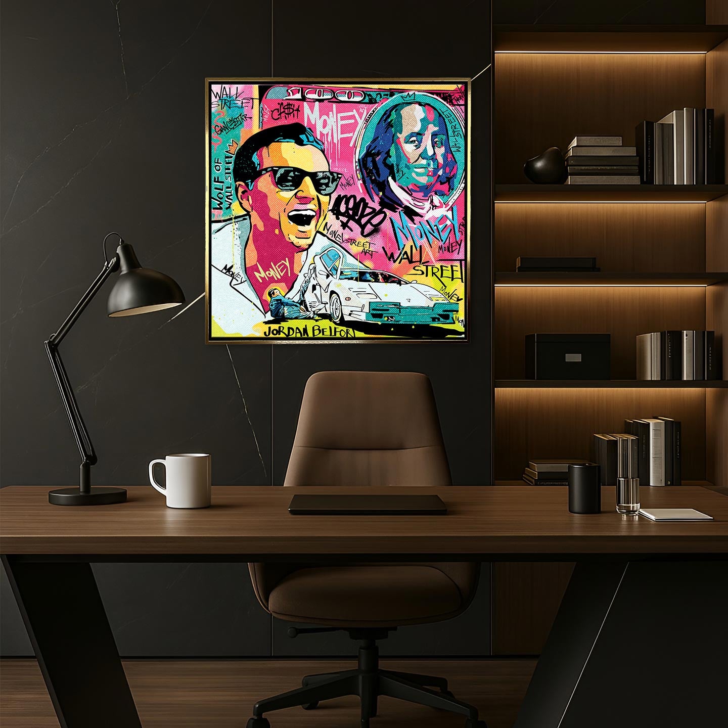 Obraz na płótnie „Wolf Mode On” przedstawiający Jordana Belforta (Wilka z Wall Street) w stylu pop art z motywami pieniędzy, Lamborghini i graffiti.