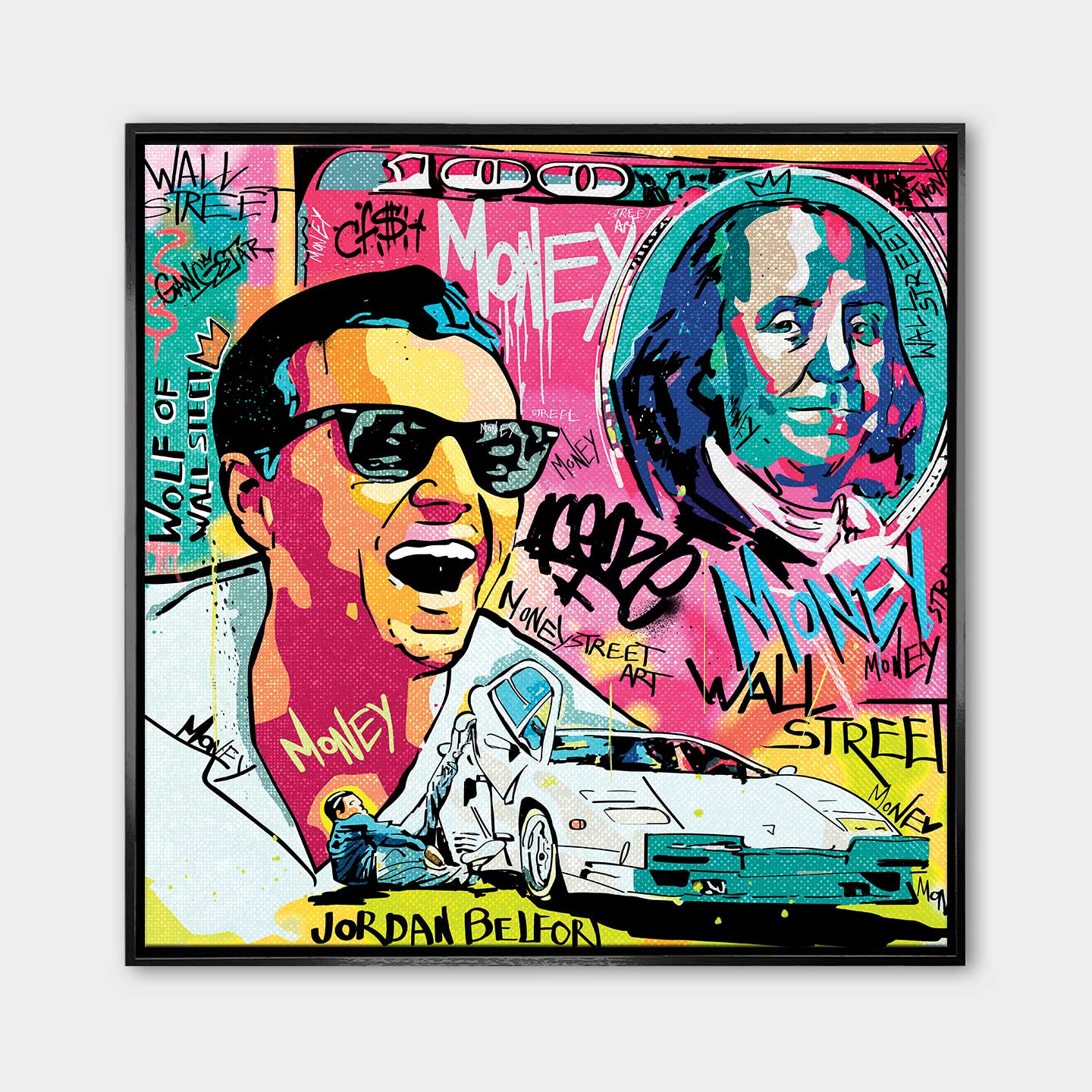 Obraz na płótnie „Wolf Mode On” przedstawiający Jordana Belforta (Wilka z Wall Street) w stylu pop art z motywami pieniędzy, Lamborghini i graffiti.