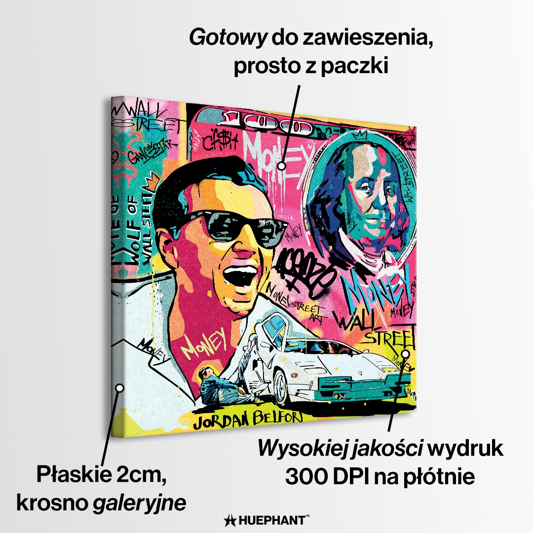 Obraz na płótnie „Wolf Mode On” przedstawiający Jordana Belforta (Wilka z Wall Street) w stylu pop art z motywami pieniędzy, Lamborghini i graffiti.
