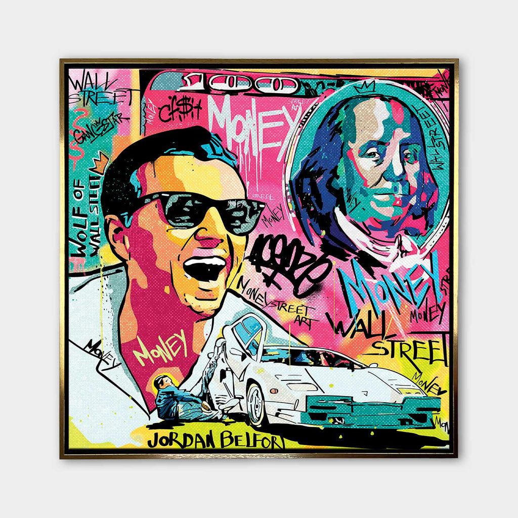 Obraz na płótnie „Wolf Mode On” przedstawiający Jordana Belforta (Wilka z Wall Street) w stylu pop art z motywami pieniędzy, Lamborghini i graffiti.