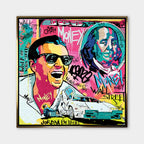 Obraz na płótnie „Wolf Mode On” przedstawiający Jordana Belforta (Wilka z Wall Street) w stylu pop art z motywami pieniędzy, Lamborghini i graffiti.
